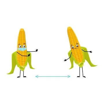 Cute corn cob character with emotions, face and mask keep distance Illustrazione stock