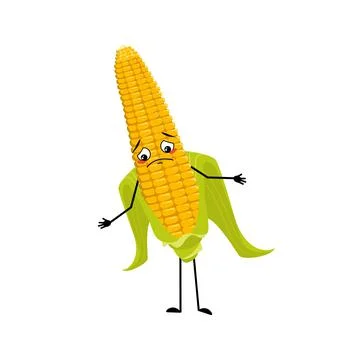 Cute corn cob character with sad emotions, depressed face Stock Illustration