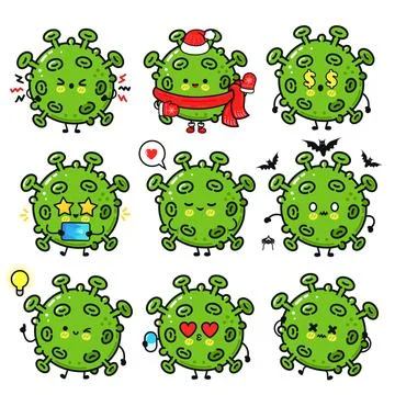 Cute coronavirus illustrations with different expressions. Stock Illustration