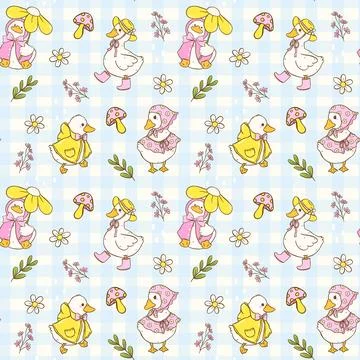 Cute Cottage Core Spring Duck Seamless Pattern on Blue Gingham Girly Cartoo.. Stock Illustration
