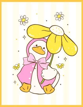 Cute Cottagecore Spring White Call Duck wear Raincoat Cartoon Farm Animal H.. Stock Illustration