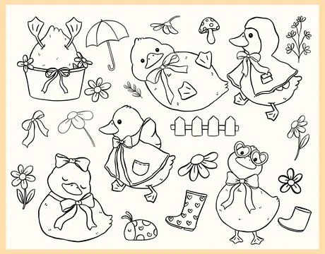 Cute Cottagecore Spring White Call Duck Outline Cartoon Farm Animal Collect.. Stock Illustration