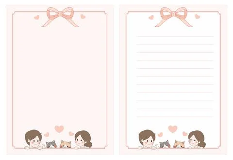 Cute couple and cats note paper background set Stock Illustration