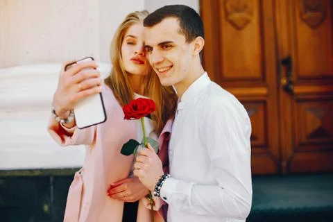 Cute couple in a city Stock Photos