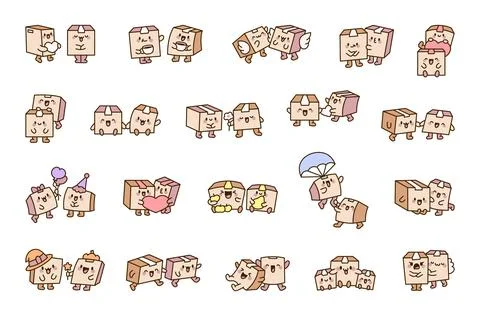 Cute couple of delivery boxes. Parcel character. Illustrazione stock