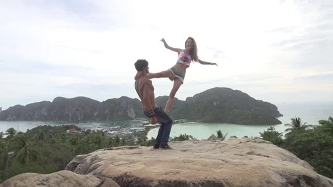 Cute Couple Doing Partner Acro Yoga in Tropical Island Paradise Stock Footage 79162296