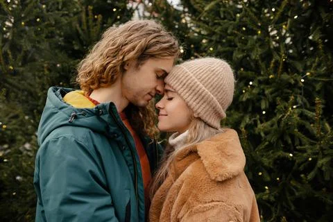 Cute Couple Having Winter Forest Picnic. Nature Picnic. Love Story Date. Lovely Stock Photos