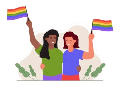 Cute couple with LGBT flags. Two bisexual partner embrace. LGBT girls Stock Illustration