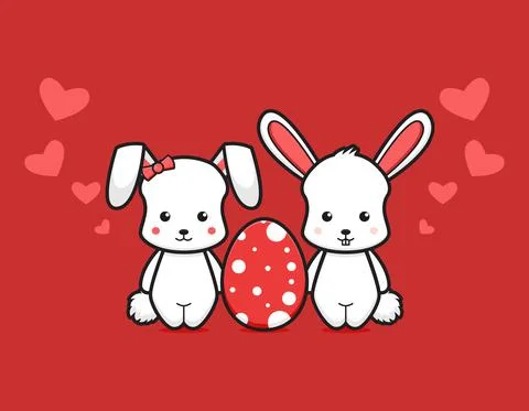 Cute couple rabbit with egg lovely cartoon vector icon illustration Stock Illustration