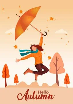 Cute couple sitting on bench. Hello Autumn Vector illustration with beautiful Stock Illustration