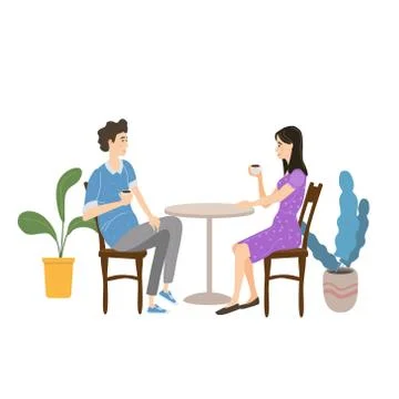 Cute couple sitting at table, drinking tea or coffee and talking in open air イラスト素材
