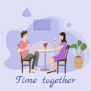 Cute couple sitting at table, drinking tea or coffee and talking cafe. Young man イラスト素材