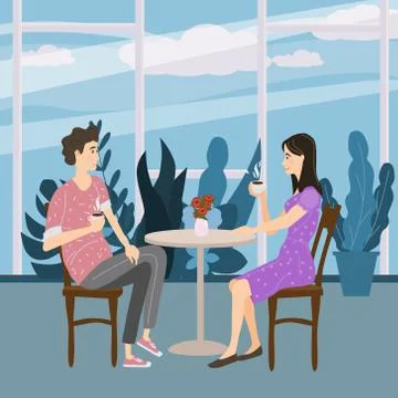 Cute couple sitting at table, drinking tea or coffee and talking cafe. Young man Ilustração Stock