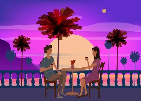 Cute couple sitting at table, drinking tea or coffee and talking in open air イラスト素材
