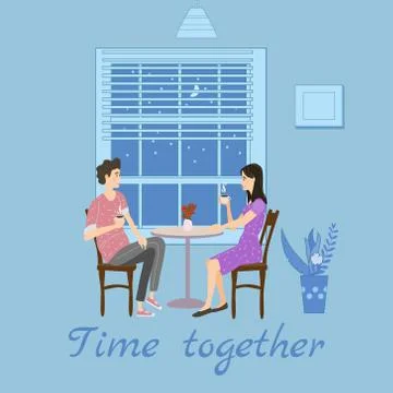 Cute couple sitting at table, drinking tea or coffee and talking cafe. Young man Ilustração Stock