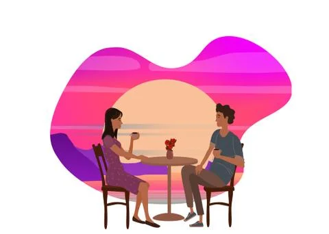 Cute couple sitting at table, drinking tea or coffee and talking in open air イラスト素材