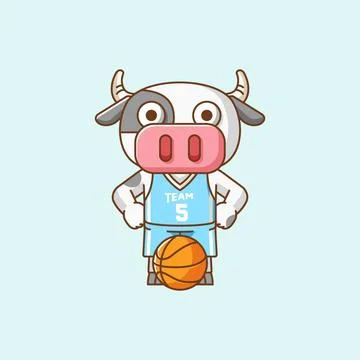 Cute cow basketball player play basket kawaii chibi character mascot Stock Illustration