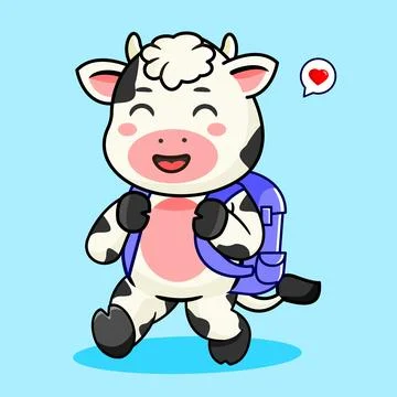 Cute Cow Calf Student with Backpack Happy Going to School Vector Illustration Stock Illustration