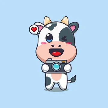 Cute cow with camera cartoon vector illustration Stock Illustration
