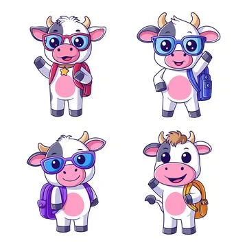 Cute cow carrying a backpack set Stock Illustration