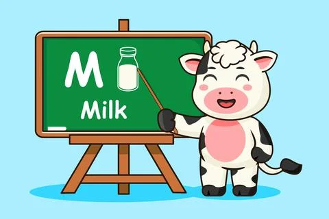 Cute Cow Character Teaching About Milk on a Chalkboard Stock Illustration