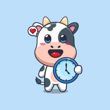 Cute cow with clock cartoon vector illustration Stock Illustration