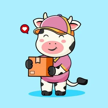 Cute Cow Delivery Mascot Vector Illustration Kawaii Animal 스톡 일러스트