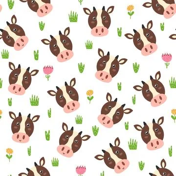Cute cow faces seamless pattern. Background in cartoon style with farm animals Stock Illustration