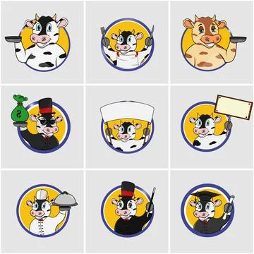 Cute Cow Head Circle Label set Stock Illustration