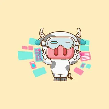 Cute cow interact virtual reality glasses vr kawaii chibi character mascot Stock Illustration