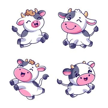 Cute cow is jumping set Stock Illustration