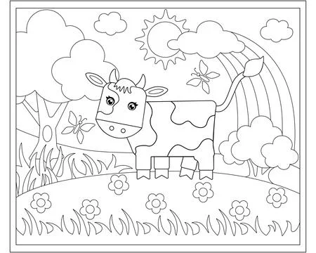 Cute Cow in the meadow - vector linear picture for coloring. Stock Illustration