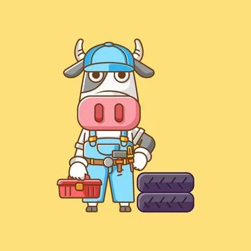 Cute cow mechanic with tool at workshop cartoon animal character mascot icon Illustrazione stock