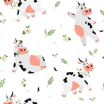 Cute cow pattern. Seamless texture with funny animal character in different Stock Illustration