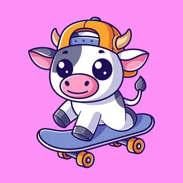 Cute cow playing skateboard and wearing a yellow hat Stock Illustration