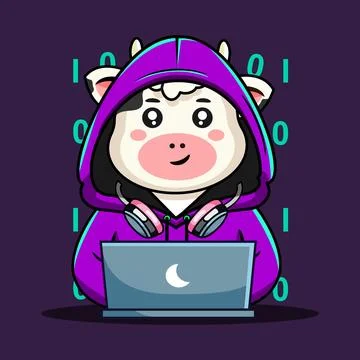 Cute Cow Programmer with Laptop and Headphones Vector Illustration Illustrazione stock