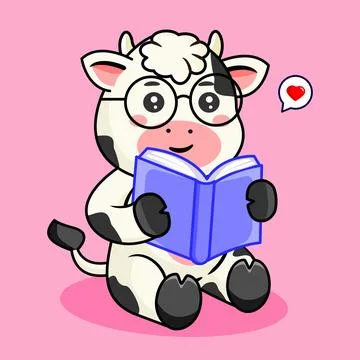 Cute Cow Reading Book Vector Illustration Kawaii Animal 스톡 일러스트