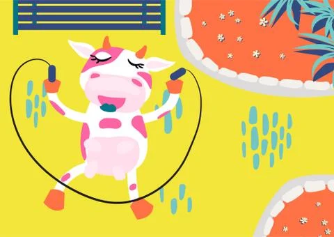 Cute cow rope jumping in an amusement park. Kids book illustration vector. Ilustración de archivo