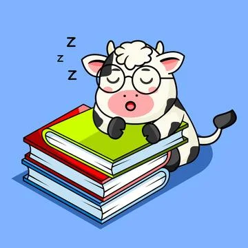 Cute Cow Sleeping While Reading Book Vector Illustration Kawaii Animal Stock Illustration