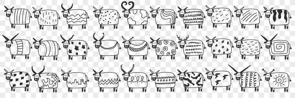 Cute cows in rows doodle set Stock Illustration