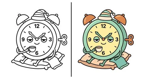 Cute Cozy Alarm Clock Drinking Coffee In Bed Coloring Page For Kids Fun 스톡 일러스트