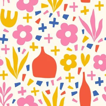 Cute cozy home pattern with tableware and flowers. Stock Illustration