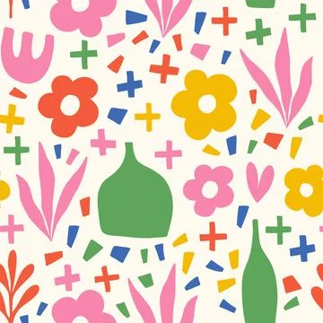 Cute cozy home pattern with tableware and flowers. Stock Illustration
