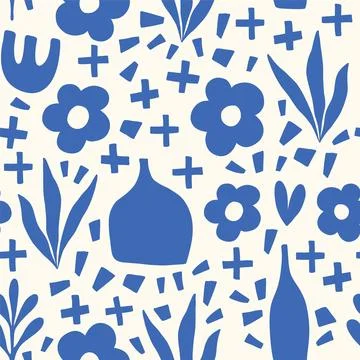 Cute cozy home pattern with tableware and flowers. Illustration