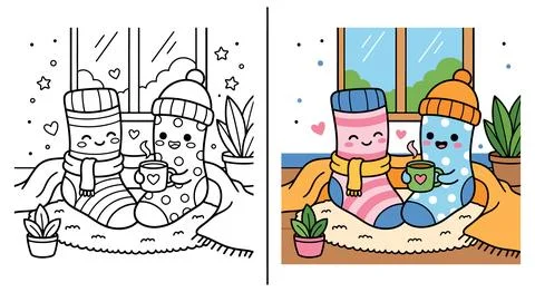 Cute Cozy Socks Drinking Hot Tea By Window Coloring Page For Kids Fun 스톡 일러스트
