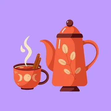 Cute cozy Vector Red Teapot and Cup Set Stock Illustration