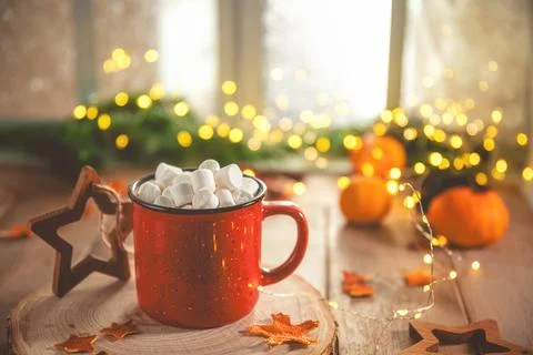 Cute cozy winter composition. red mug, marshmallows, oranges and Christmas .. Stock Photos