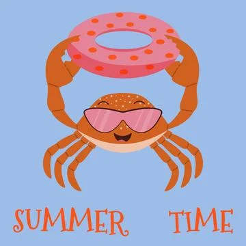 Cute Crab on the beach. Summer time. Cartoon funny illustration of a crab wea Stock Illustration