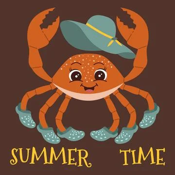 Cute Crab on the beach. Summer time. Cartoon funny illustration of a crab w.. Stock Illustration