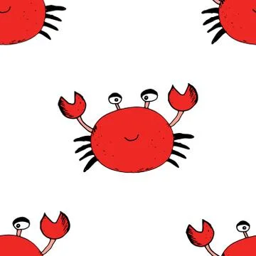 Cute Crab Seamless Pattern, Cartoon Hand Drawn Animal Doodles Vector Illustra Illustrazione stock